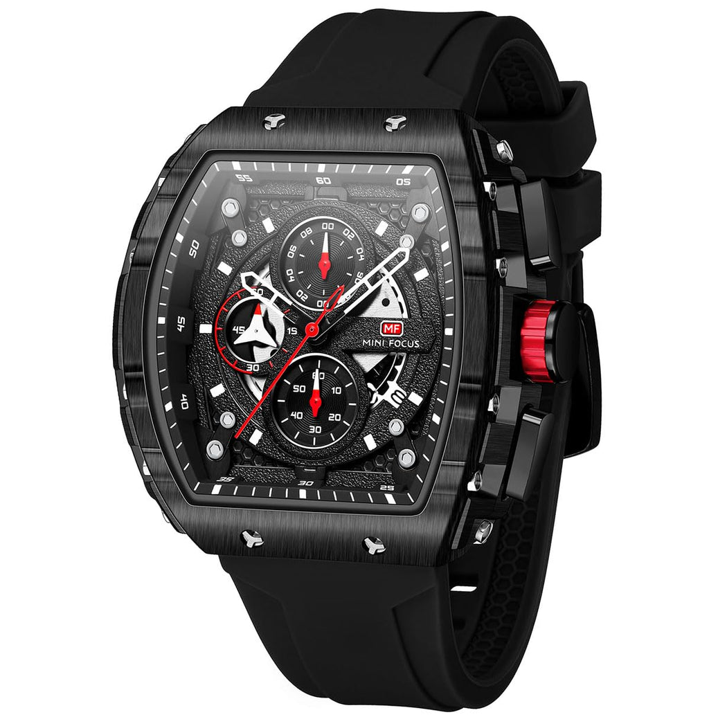 Mini Focus Men's Quartz Skeleton Chronograph Watch – Black Silicone Strap