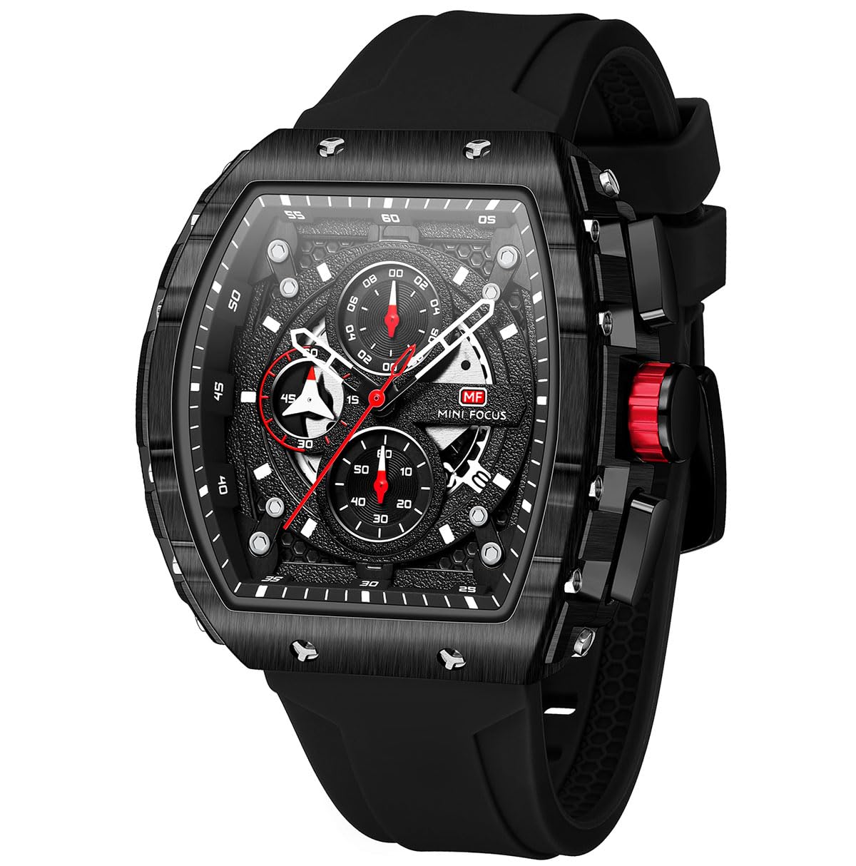Mini Focus Men's Quartz Skeleton Chronograph Watch – Black Silicone Strap