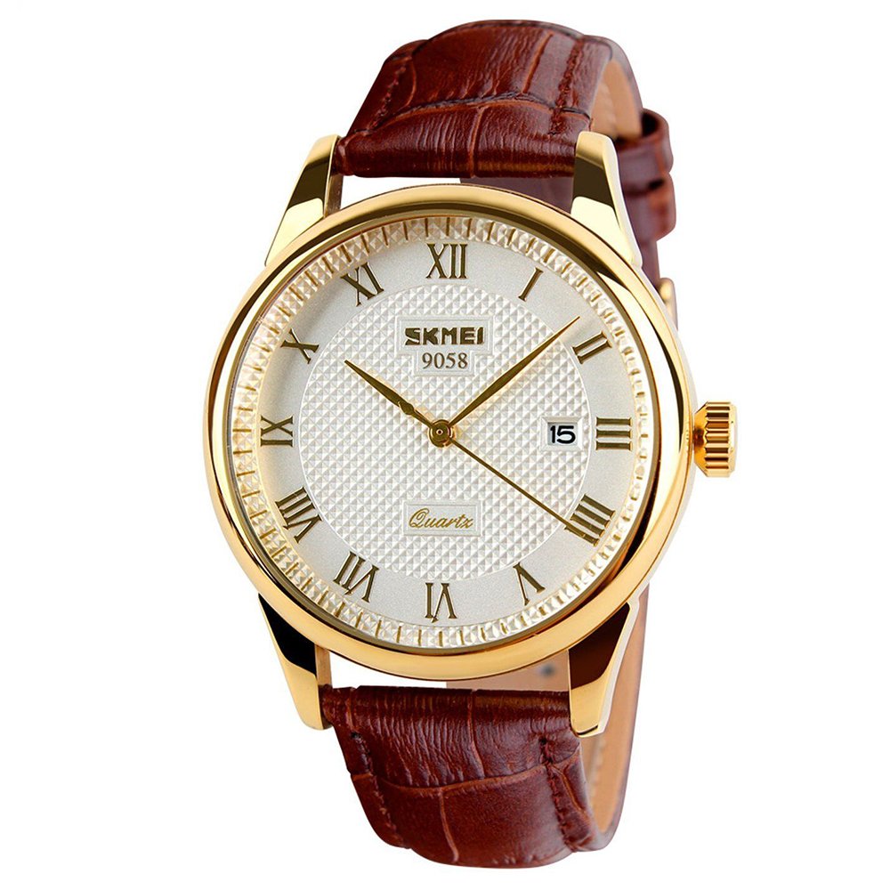 SKMEI Men's Roman-Numeral Quartz Dress Watch – Leather Strap