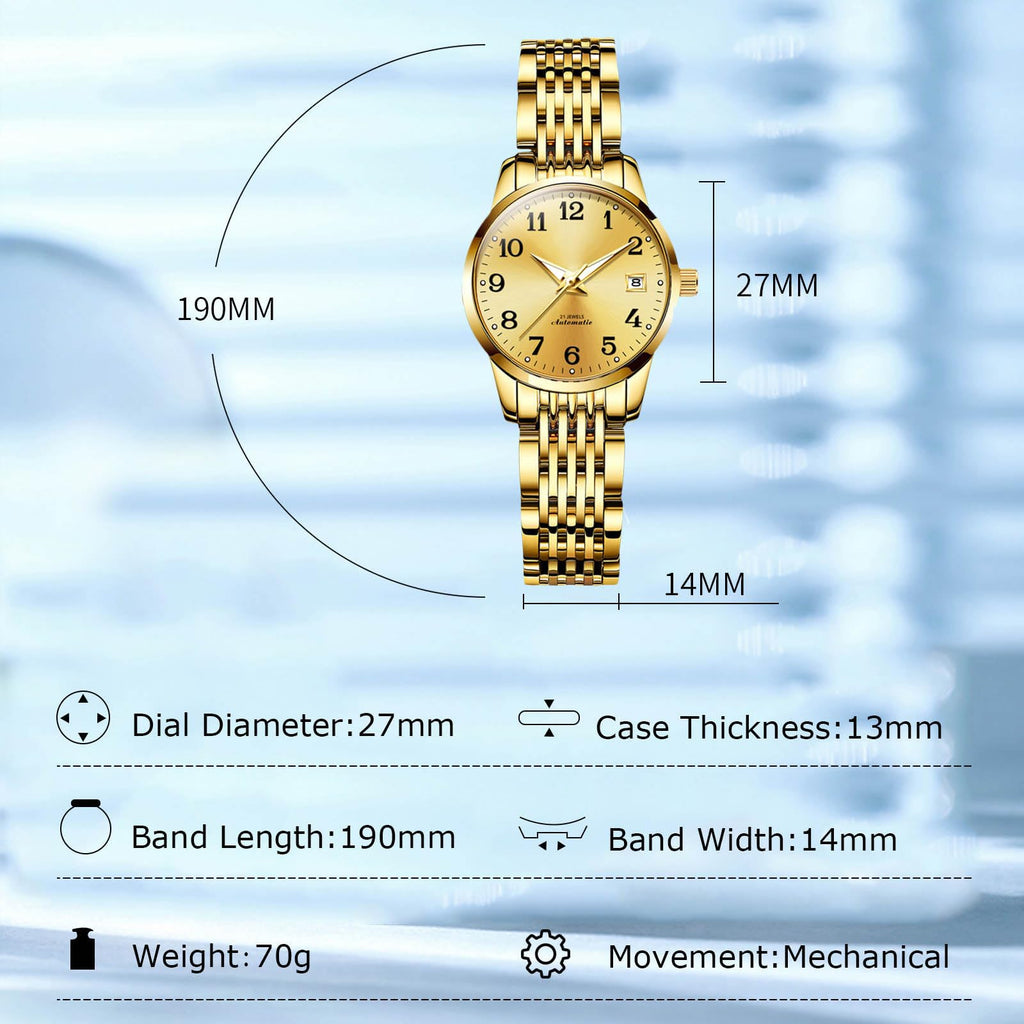 OLEVS Women's Automatic Watch – Gold Dial and Stainless Steel Bracelet
