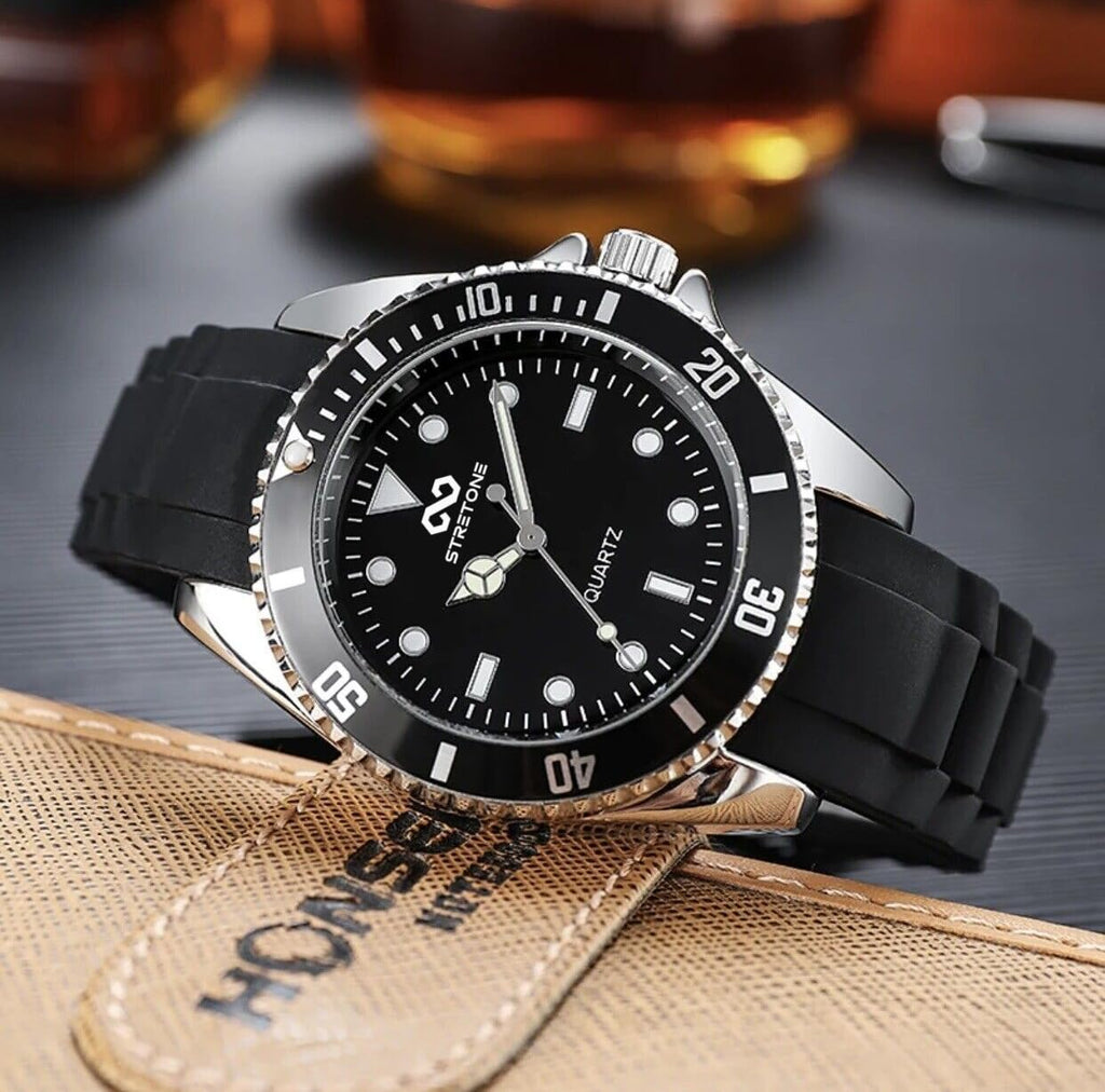 Stretone Men's Japanese Quartz Diver-Style Watch – Black Silicone Strap