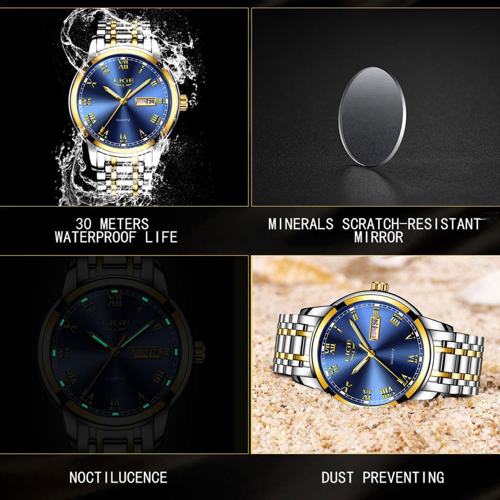 LIGE Men's Stainless Steel Quartz Dress Watch – Blue Dial