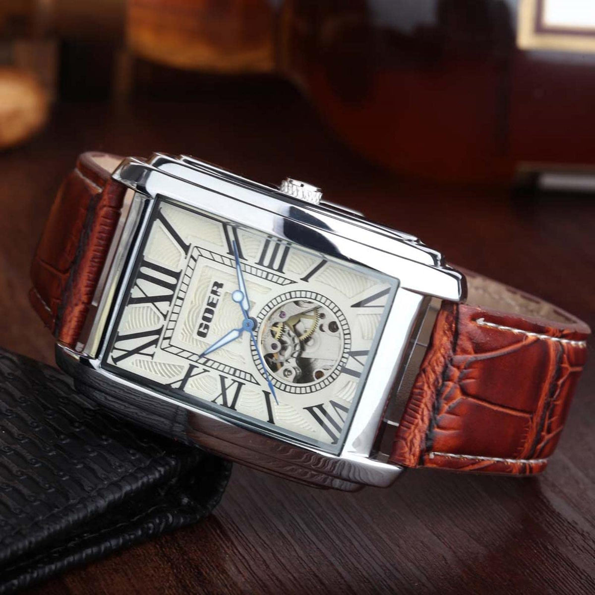 GOER Men's Rectangular Automatic Skeleton Watch – White Dial and Brown Leather Strap