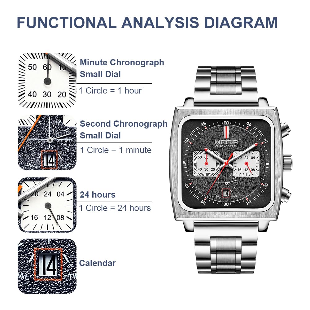 MEGIR Men's Square Quartz Chronograph Watch