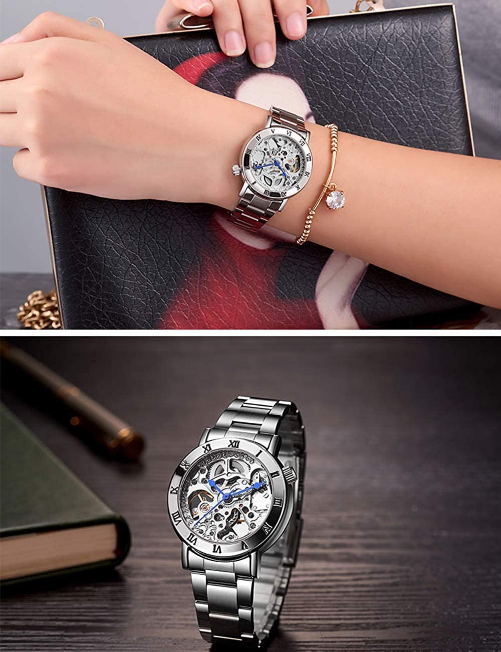 FORSINING Women's Automatic Skeleton Watch – Silver Bracelet