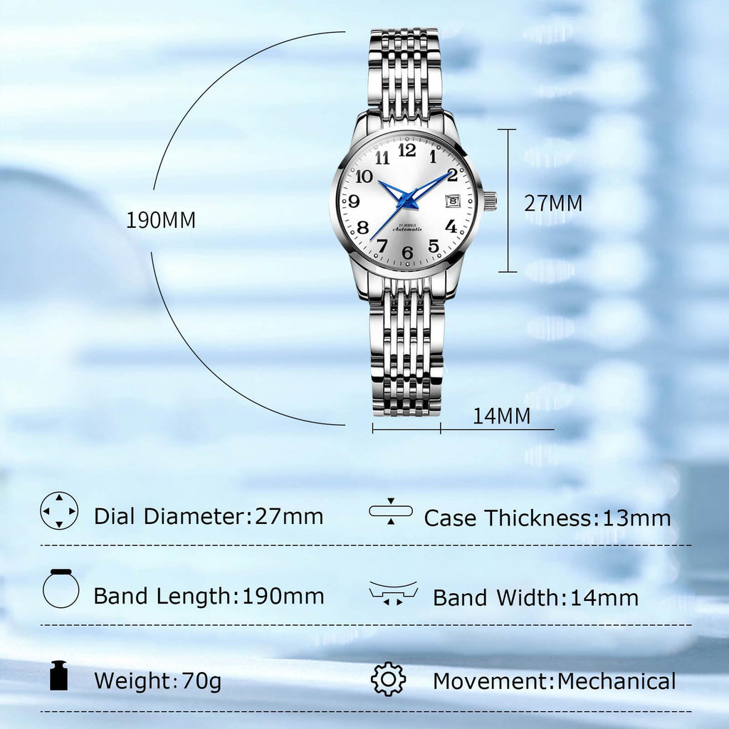 OLEVS Women's Automatic Watch – White Dial and Blue Hands