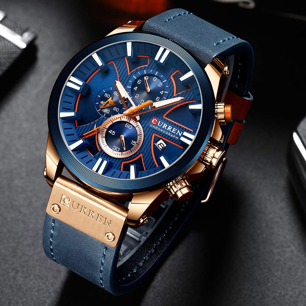 CURREN Men's Large Dial Chronograph Watch - Leather Strap