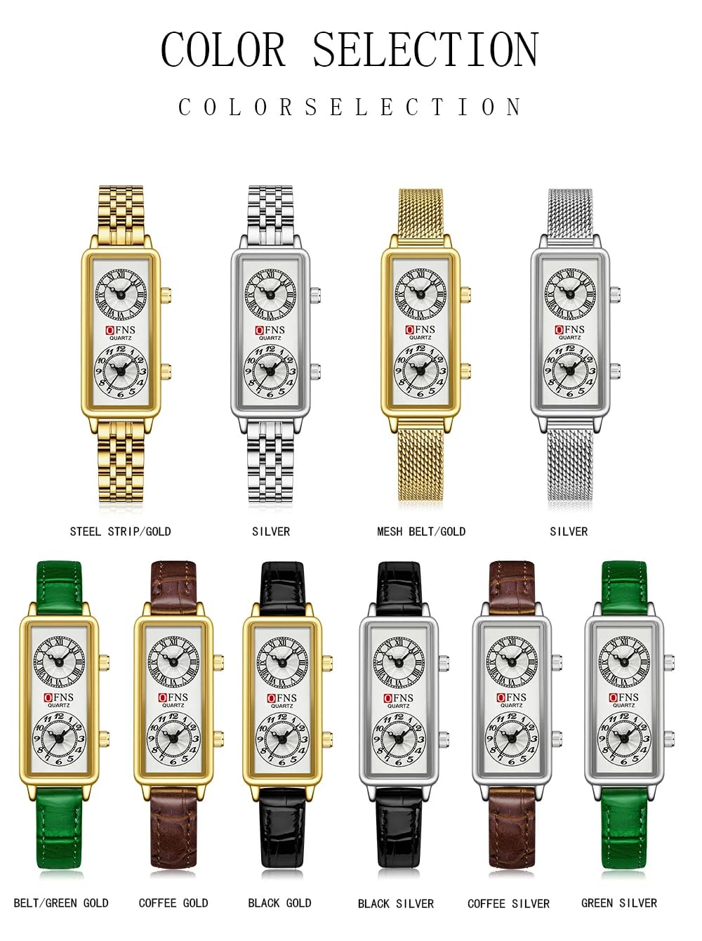Women's Rectangular Dual-Time Quartz Watch