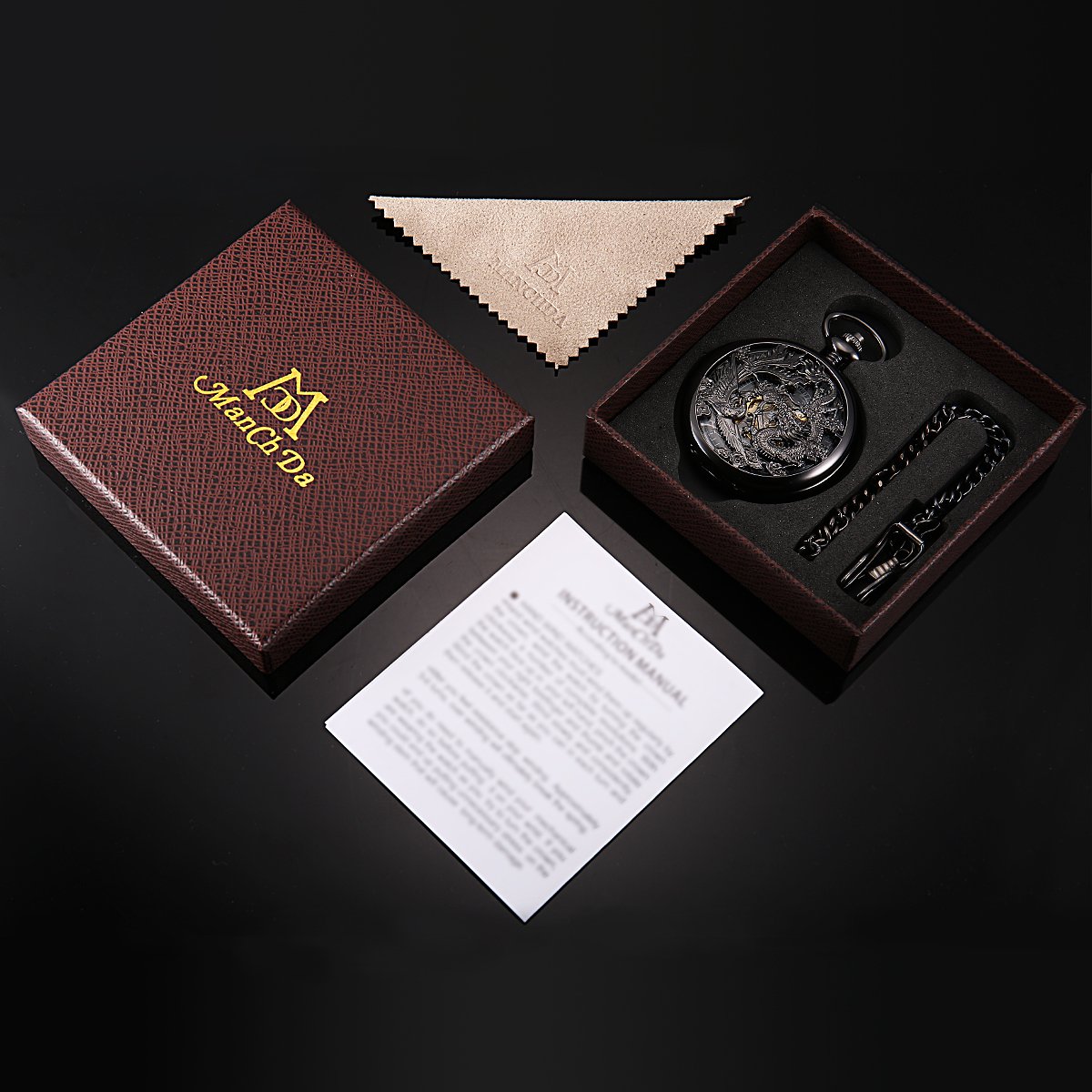 Dragon & Phoenix Unisex Manual-Wind Skeleton Pocket Watch – Black