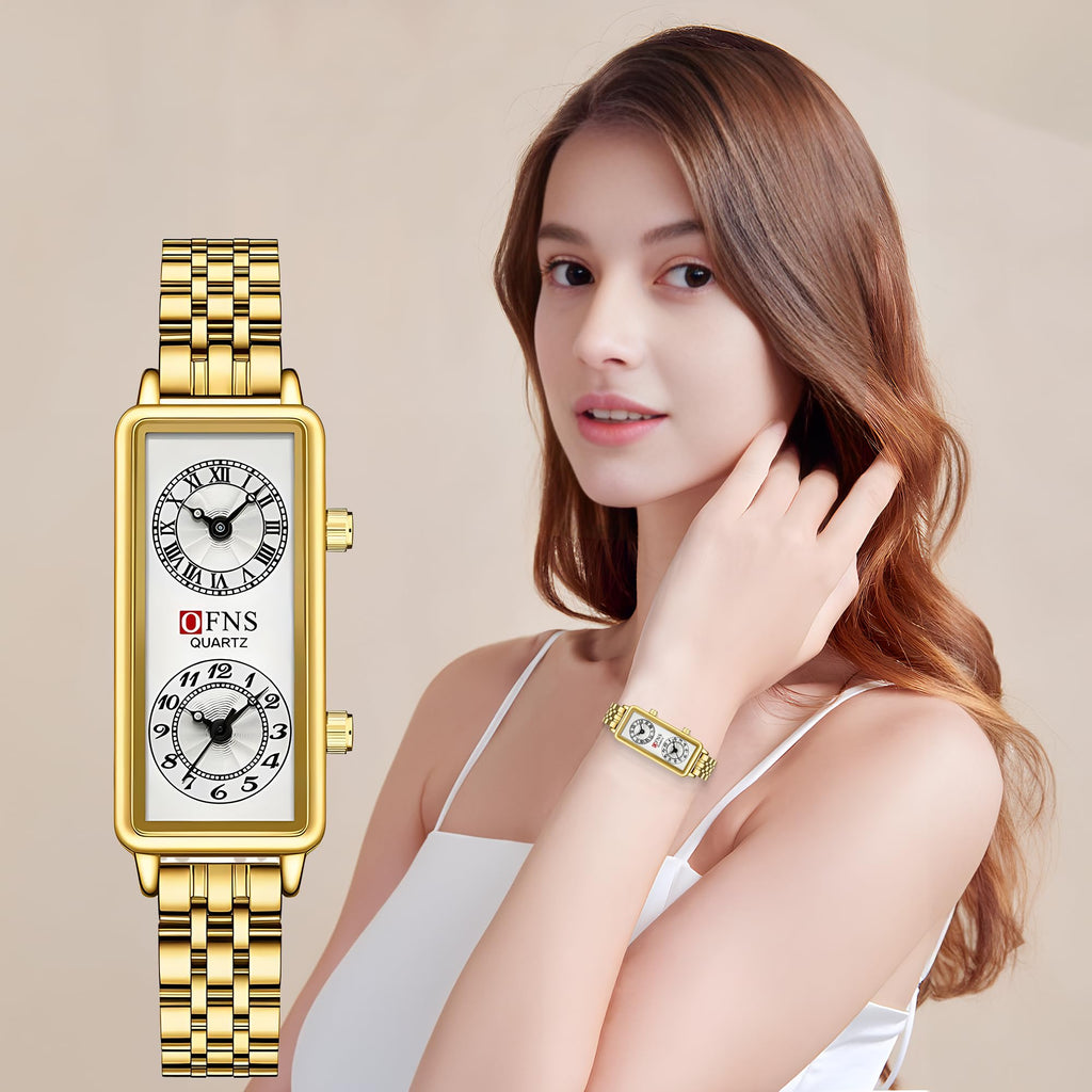 Women's Rectangular Dual-Time Quartz Watch