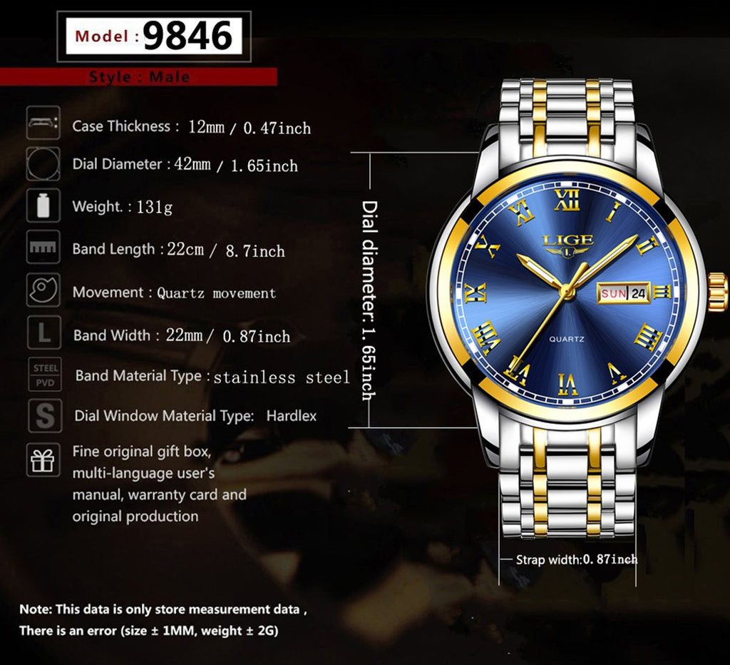 LIGE Men's Stainless Steel Quartz Dress Watch – Blue Dial