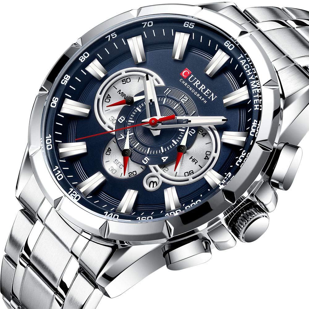 CURREN Men's Quartz Watch with Three Sub-Dials - Blue & Silver