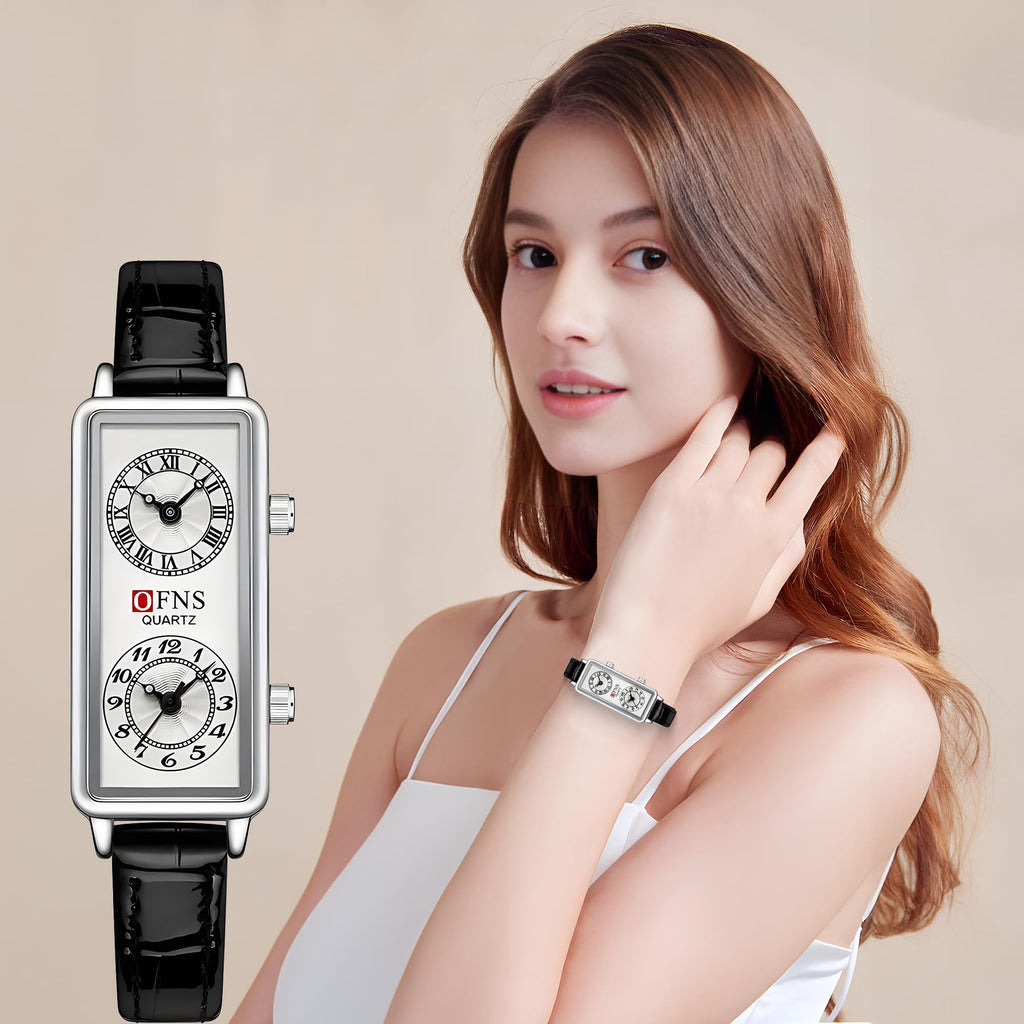 Women's Rectangular Dual-Time Quartz Watch