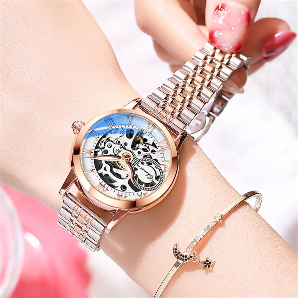 FORSINING Women's Rose-Gold Automatic Skeleton Watch