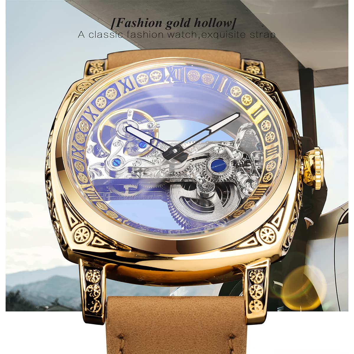 FORSINING Men's Automatic Skeleton Watch – Square Gold Dial