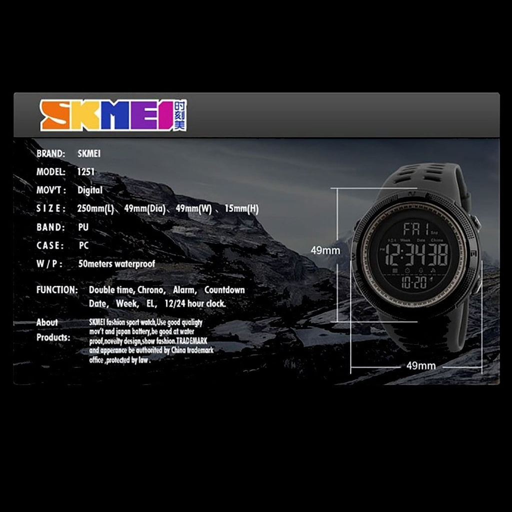 SKMEI Men's Large-Display Digital Sports Watch – Black Resin Strap