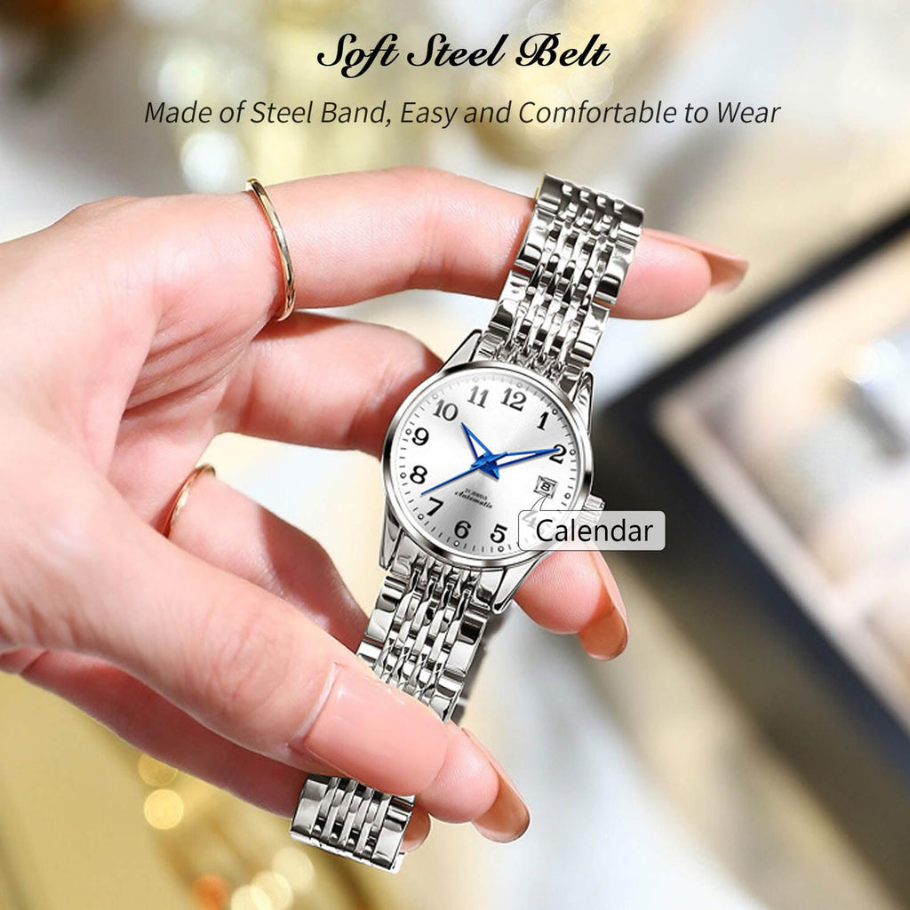 OLEVS Women's Automatic Watch – White Dial and Blue Hands