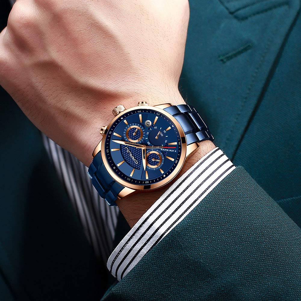 CRRJU Men's Quartz Chronograph Watch – Blue Dial and Bracelet