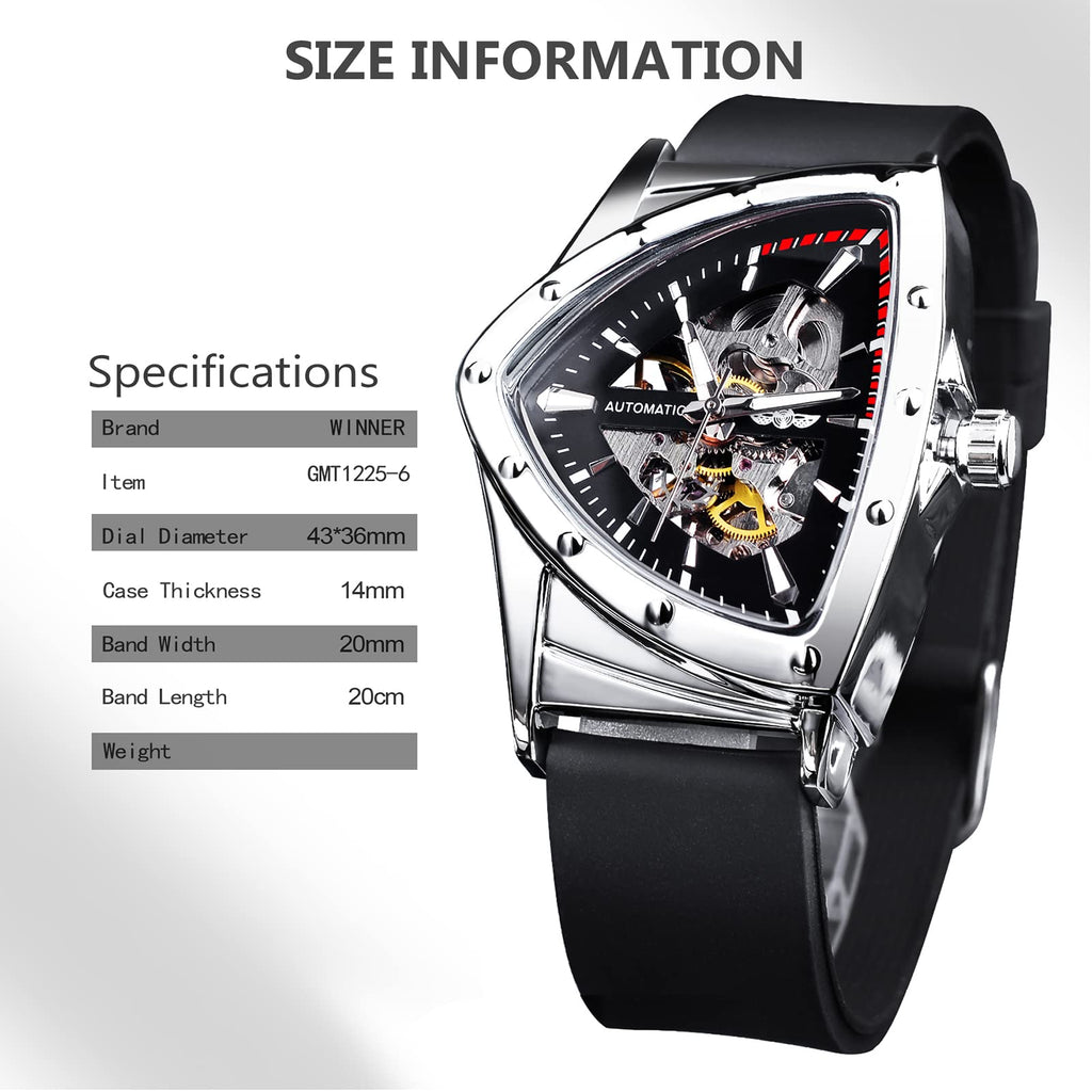 FORSINING Men's Automatic Skeleton Watch – Triangular Dial and Black Silicone Strap
