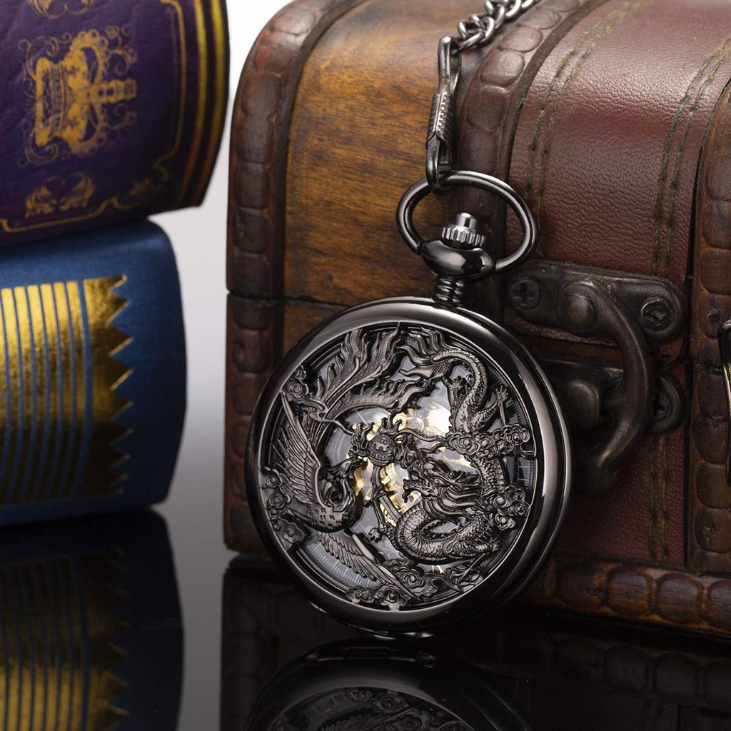 Dragon & Phoenix Unisex Manual-Wind Skeleton Pocket Watch – Black