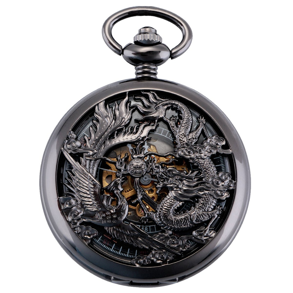 Dragon & Phoenix Unisex Manual-Wind Skeleton Pocket Watch – Black