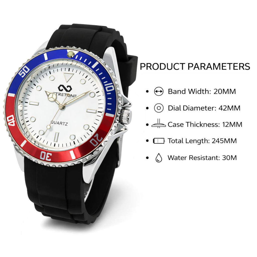 Stretone Men's Japanese Quartz Diver-Style Watch – Black Silicone Strap