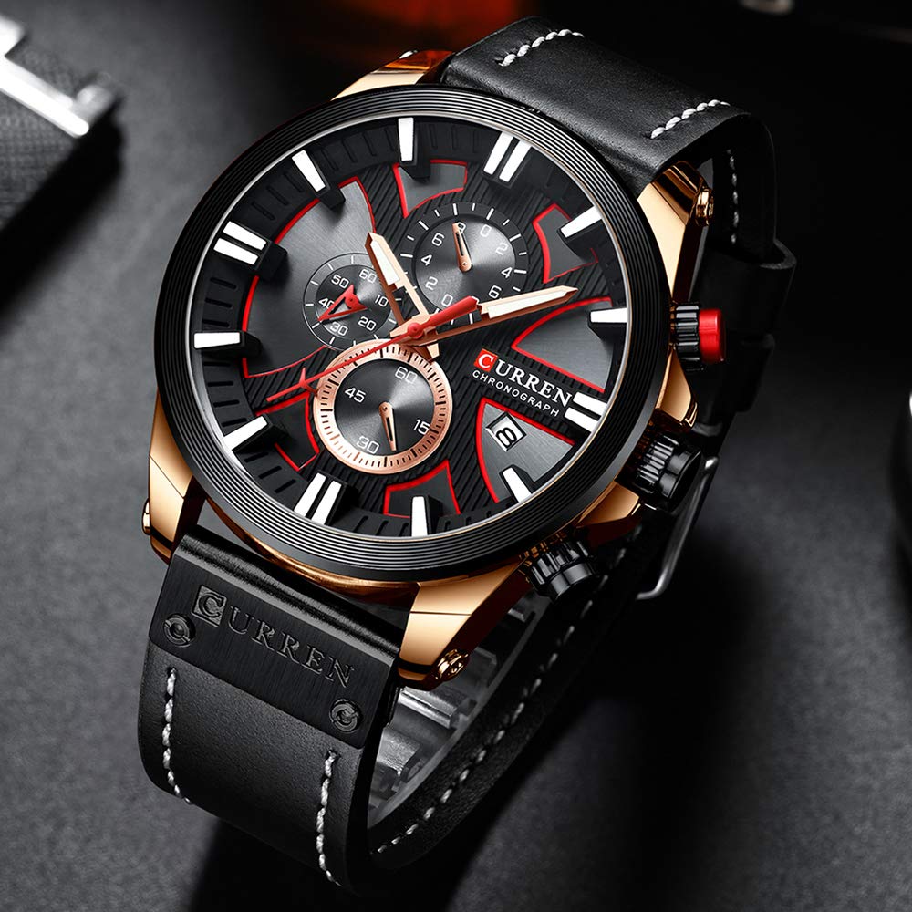 CURREN Men's Large Dial Chronograph Watch - Leather Strap