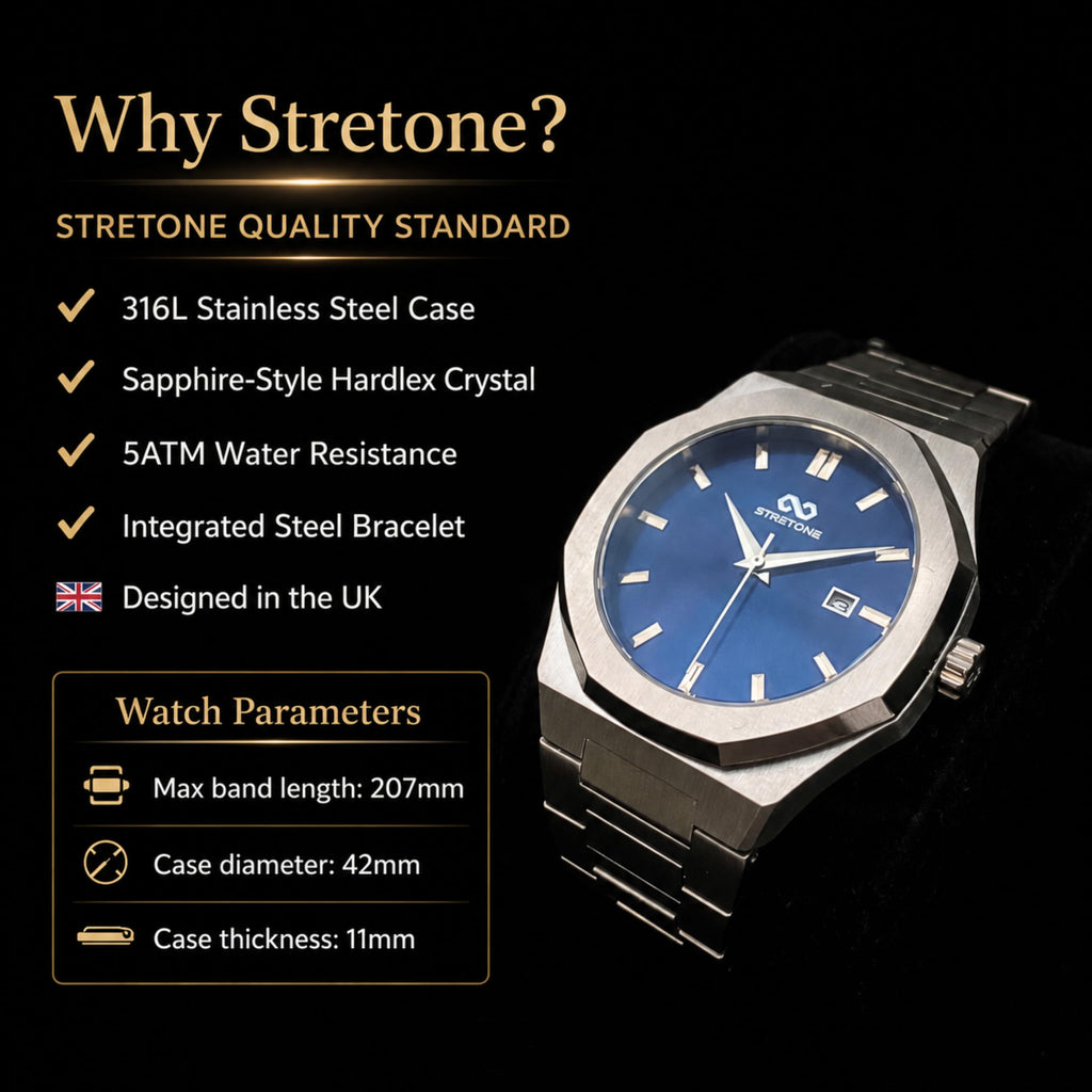 Stretone Men's Stainless Steel Octagonal Quartz Watch Blue Dial