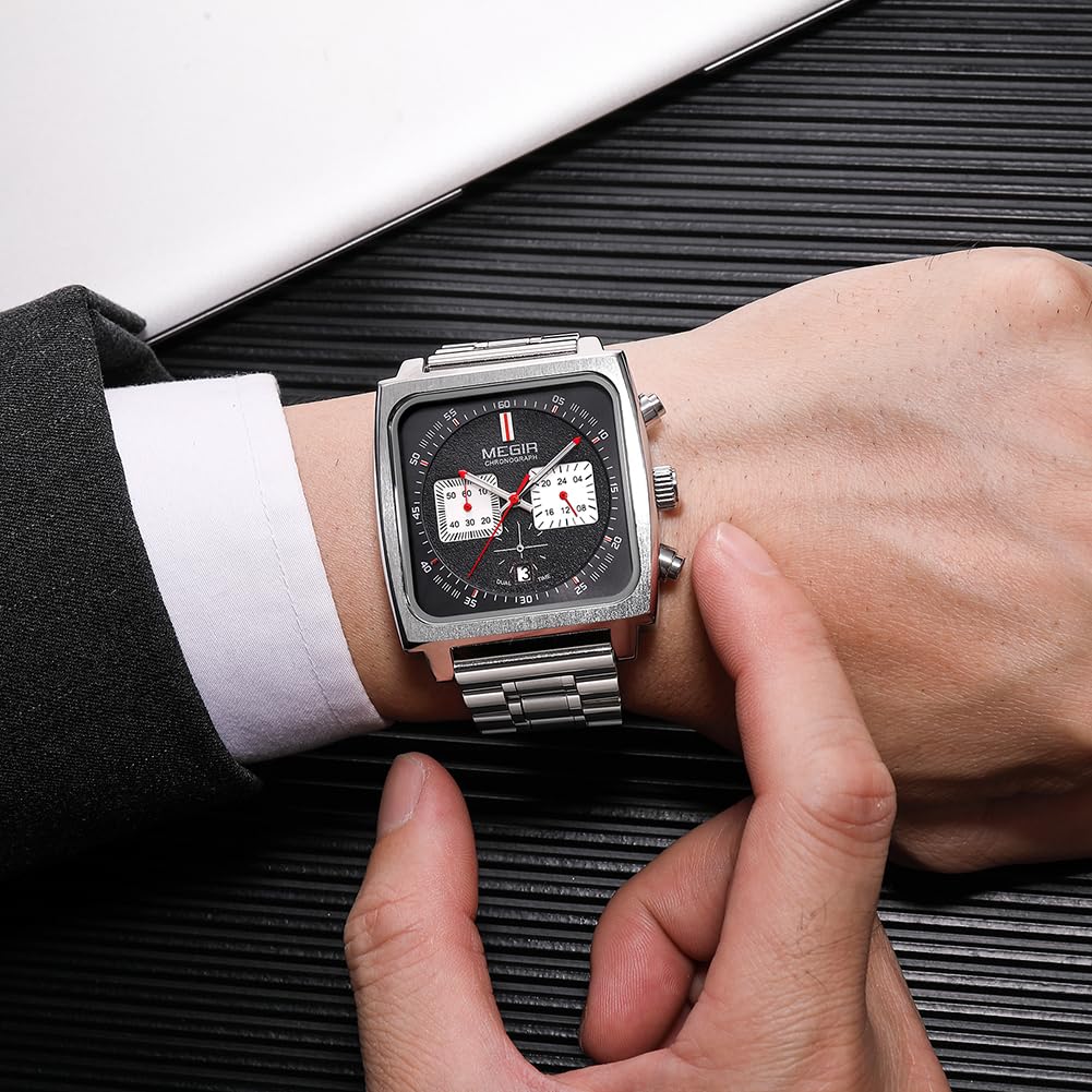 MEGIR Men's Square Quartz Chronograph Watch