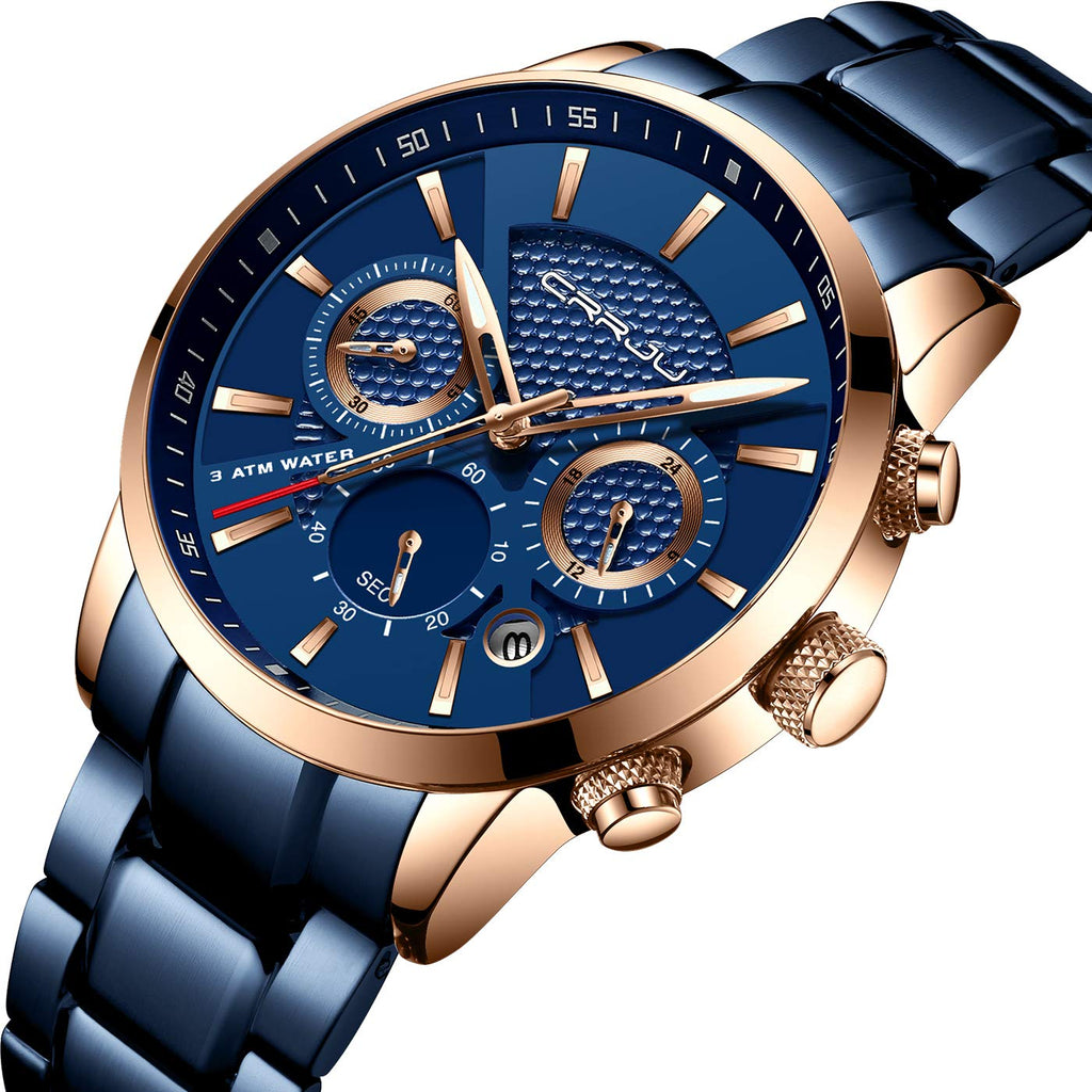 CRRJU Men's Quartz Chronograph Watch – Blue Dial and Bracelet