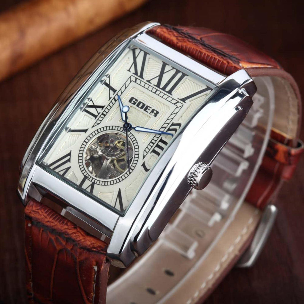 GOER Men's Rectangular Automatic Skeleton Watch – White Dial and Brown Leather Strap