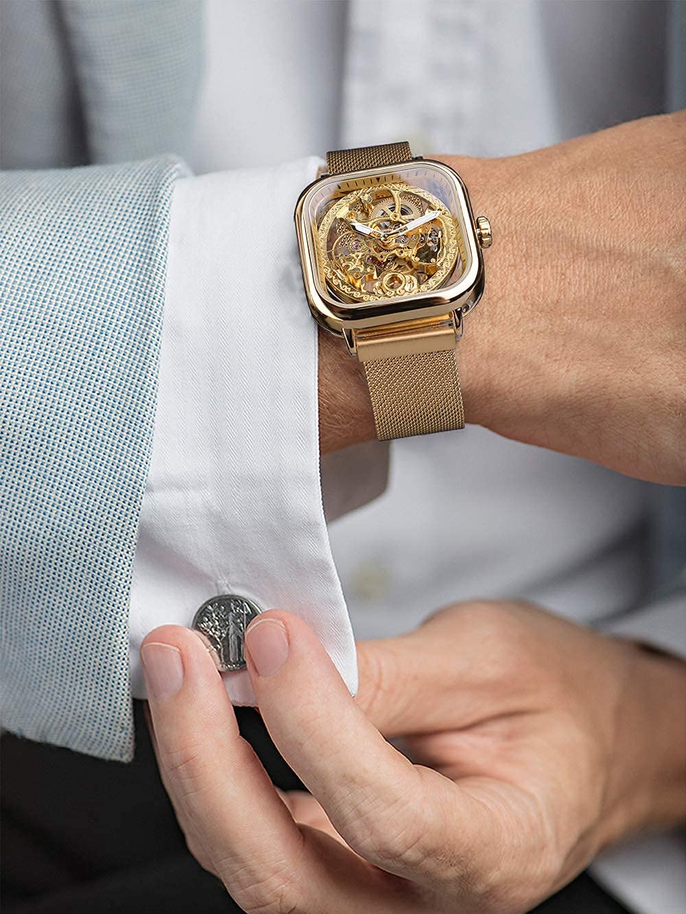 FORSINING Men's Gold Automatic Skeleton Watch – Square Case