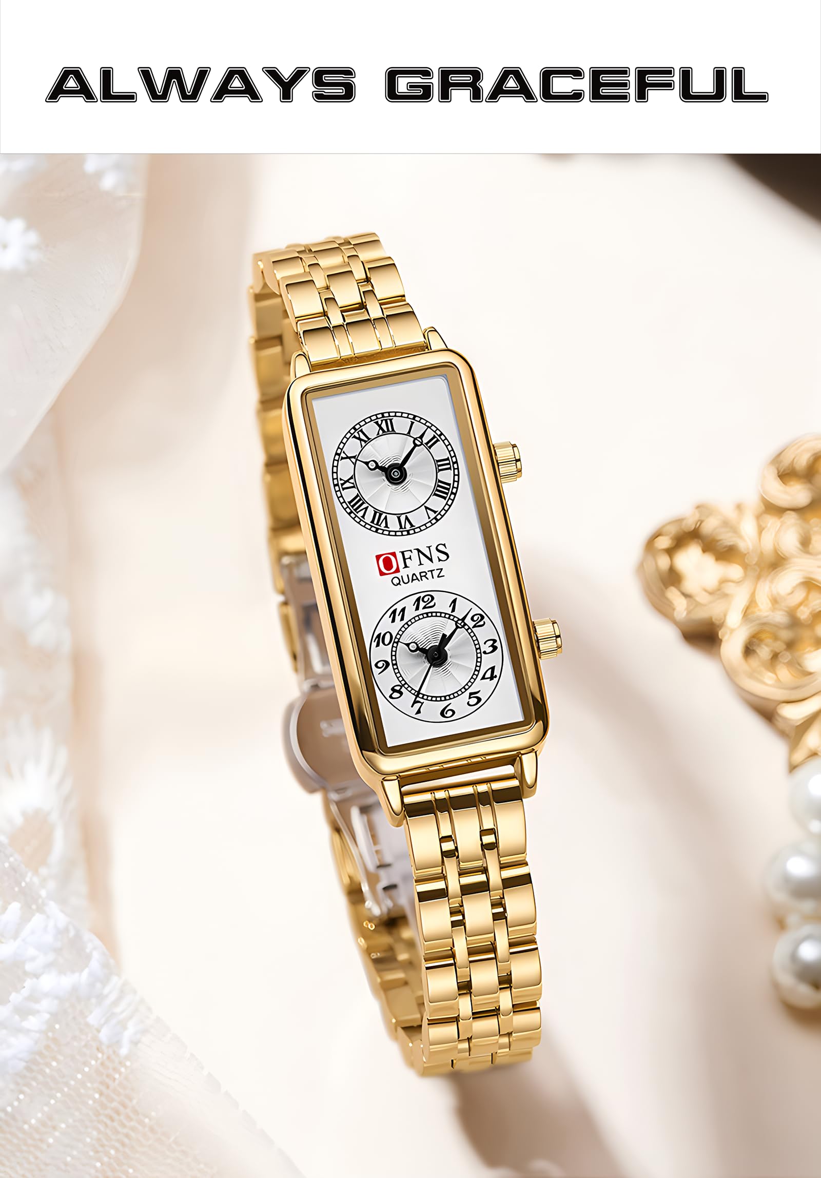 Women's Rectangular Dual-Time Quartz Watch