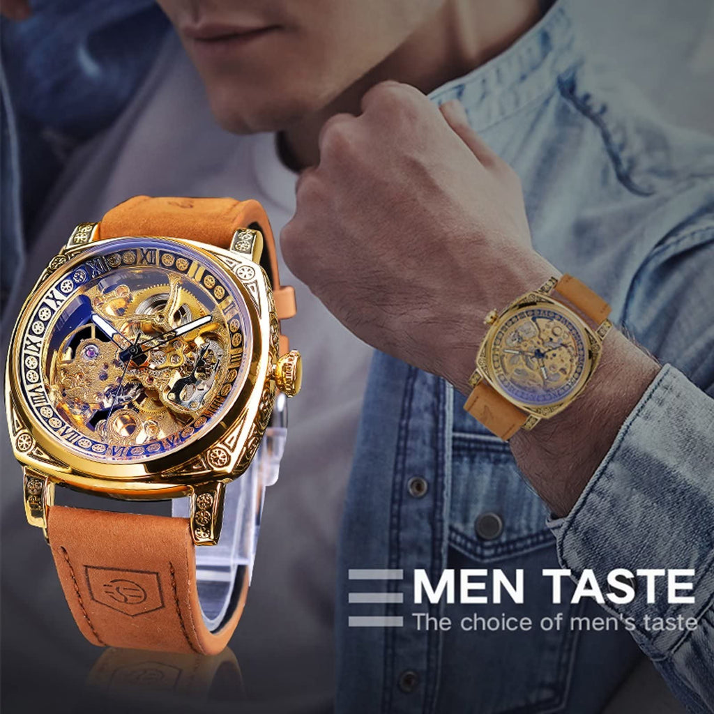 FORSINING Men's Automatic Skeleton Watch – Square Gold Dial