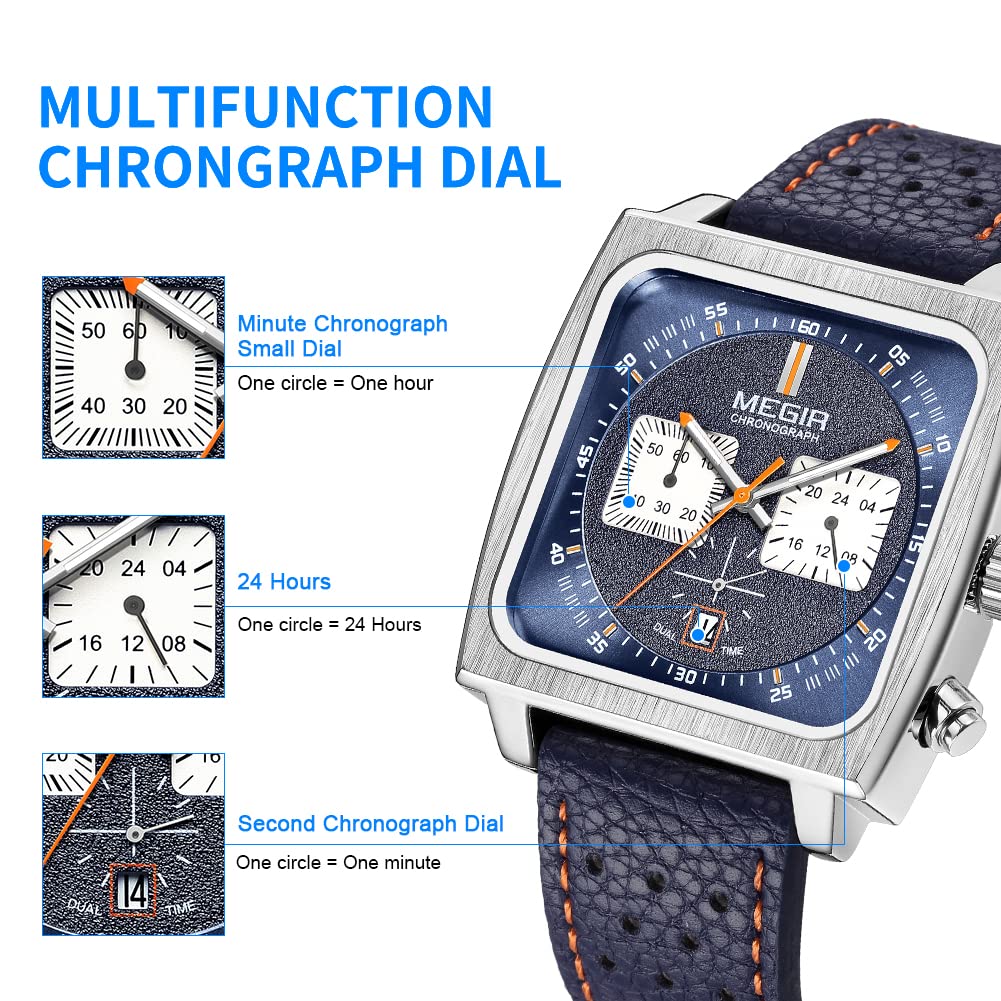 MEGIR Men's Square Quartz Chronograph Watch