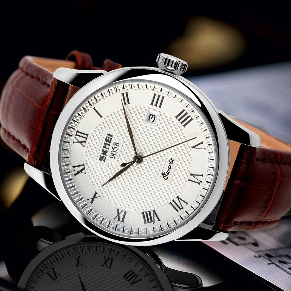 SKMEI Men's Roman-Numeral Quartz Dress Watch – Leather Strap