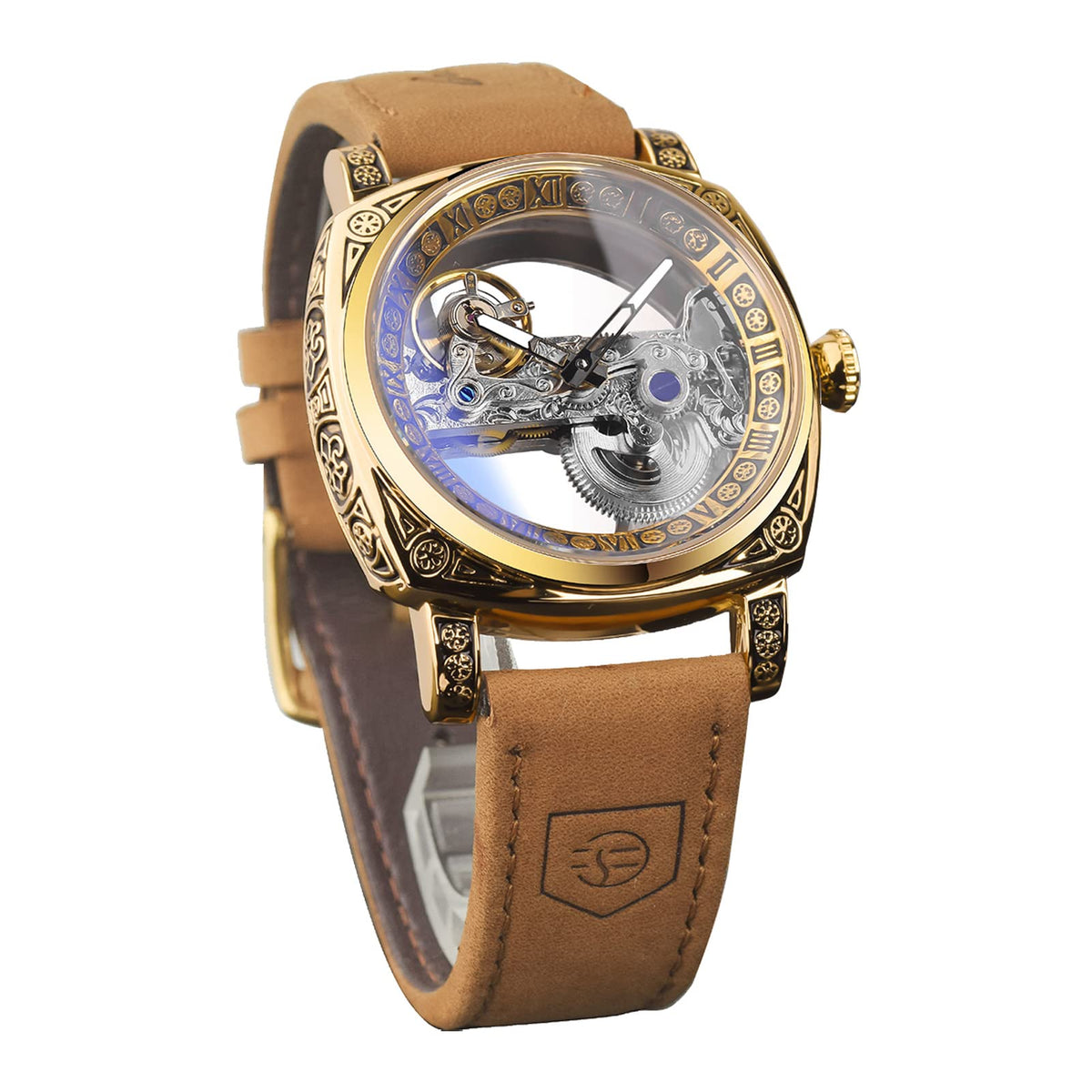 FORSINING Men's Automatic Skeleton Watch – Square Gold Dial