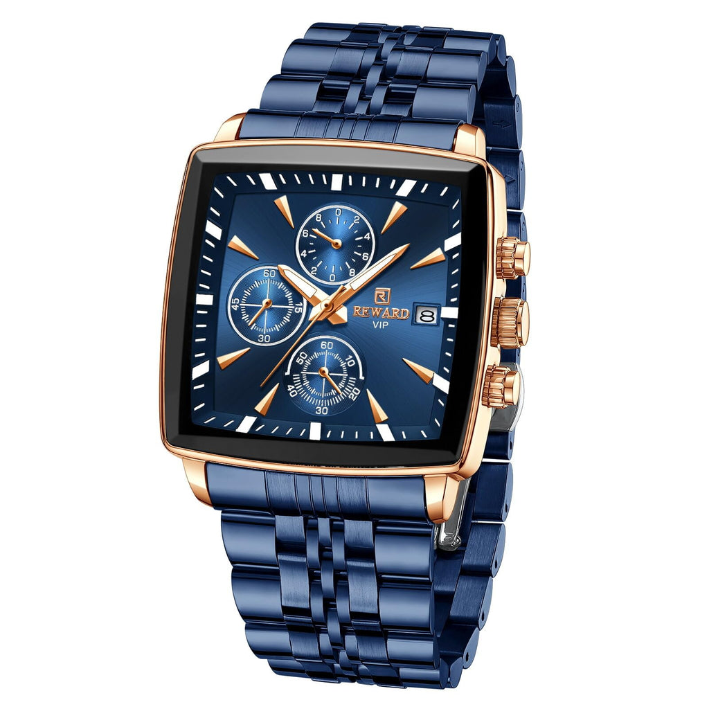 REWARD Men's Square Quartz Chronograph Watch – Blue Stainless Steel