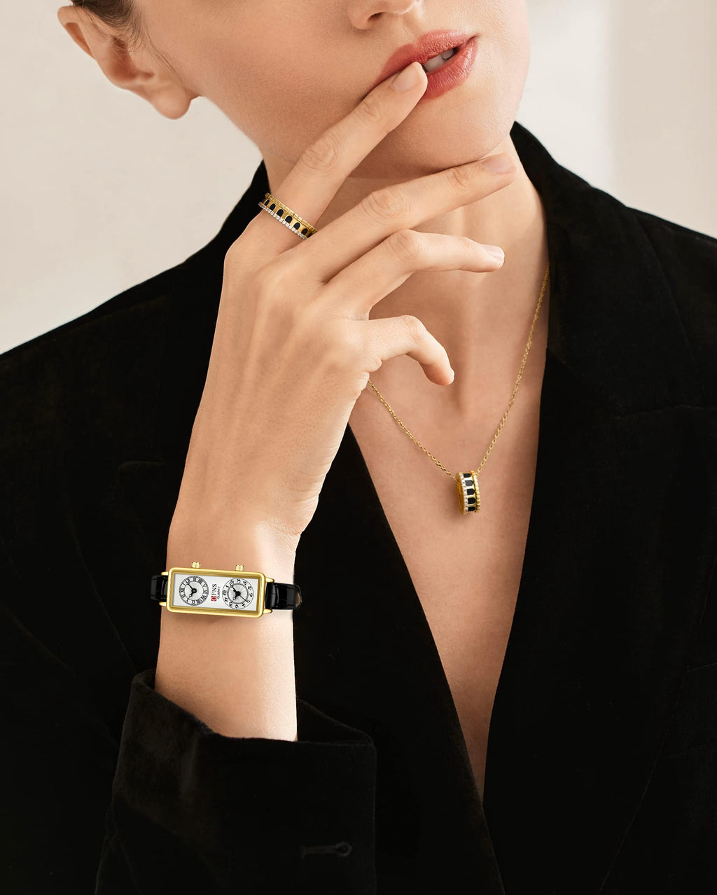 Women's Rectangular Dual-Time Quartz Watch