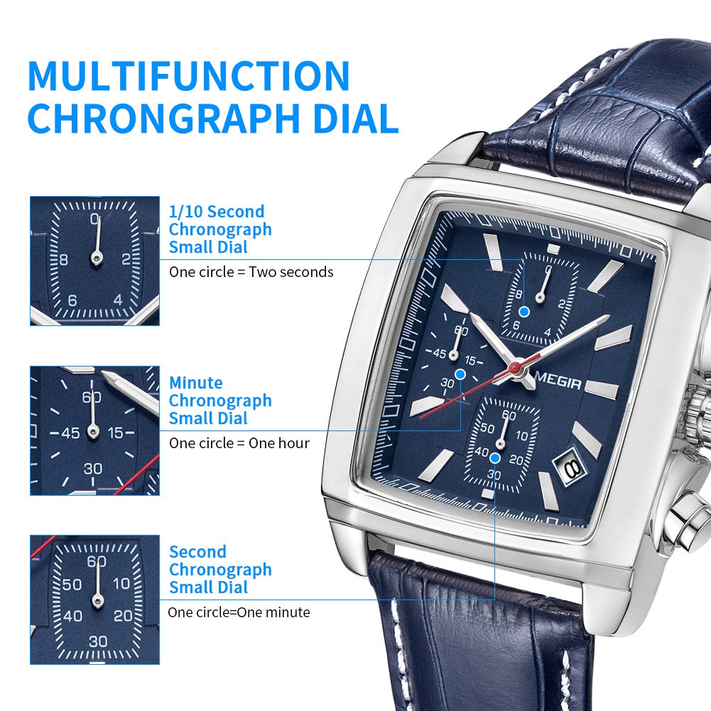 MEGIR Men's Rectangular Chronograph Watch - Leather Strap