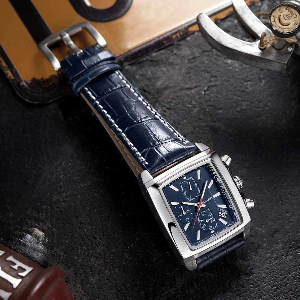 MEGIR Men's Rectangular Chronograph Watch - Leather Strap