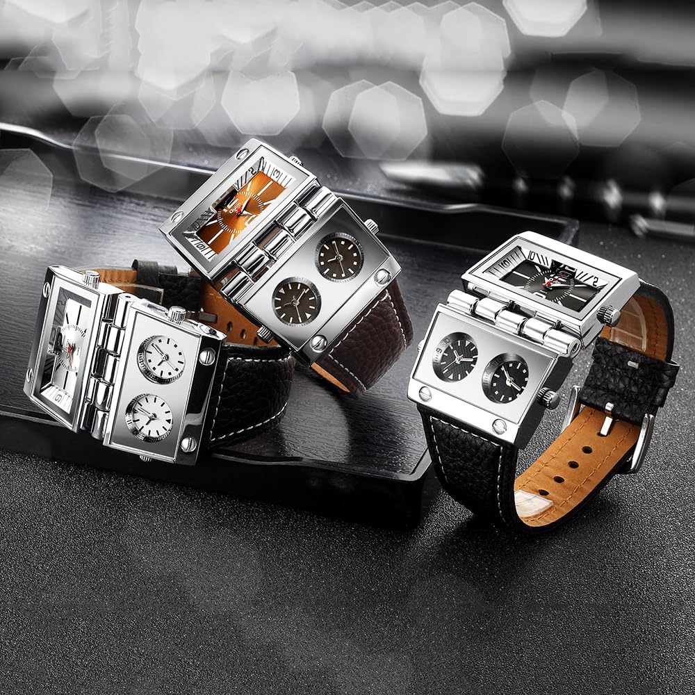 OULM 9525 Men's Quartz Triple Time-Zone Watch – Brown Leather Strap
