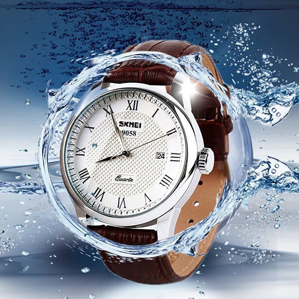 SKMEI Men's Roman-Numeral Quartz Dress Watch – Leather Strap