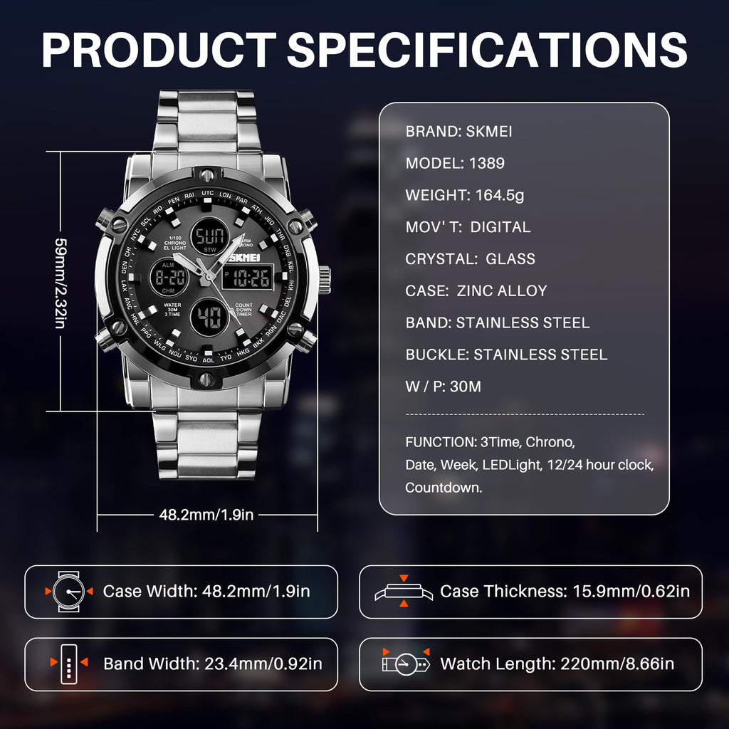 SKMEI Men's Analogue-Digital Quartz Watch – Stainless Steel Bracelet