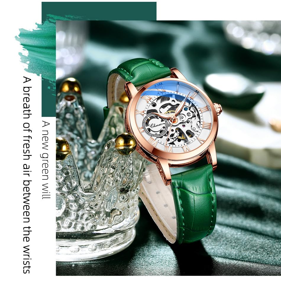 CHENXI Women's Automatic Skeleton Watch – White Dial and Leather Strap
