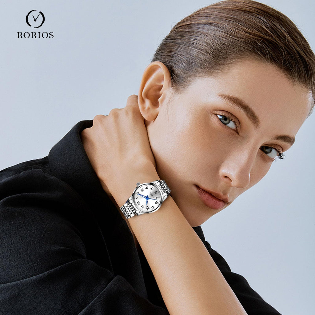 OLEVS Women's Automatic Watch – White Dial and Blue Hands