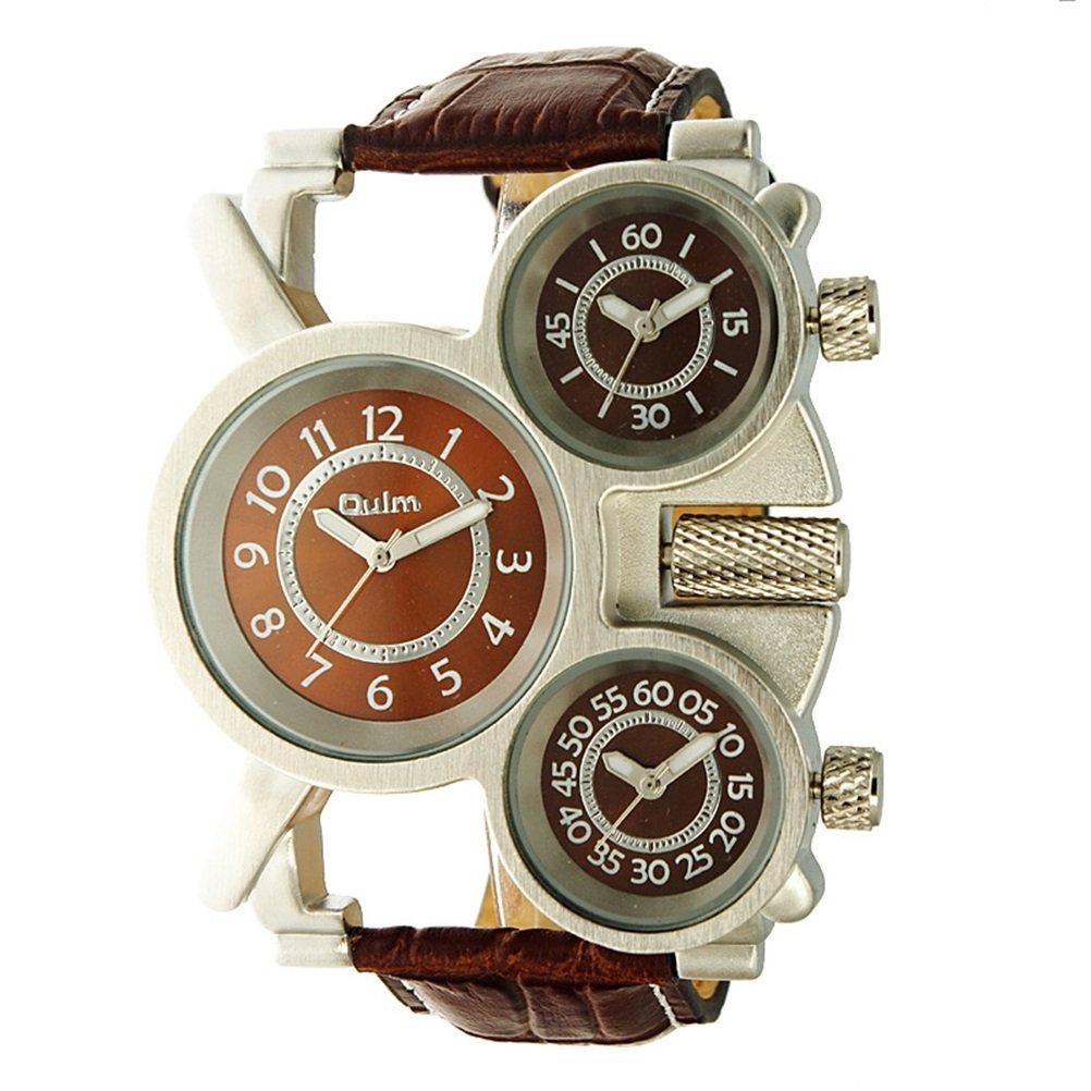 OULM Men's Three-Time-Zone Quartz Watch – Coffee Dial and Brown Strap