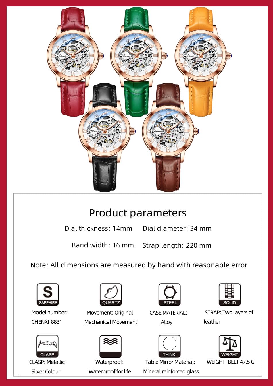 CHENXI Women's Automatic Skeleton Watch – White Dial and Leather Strap
