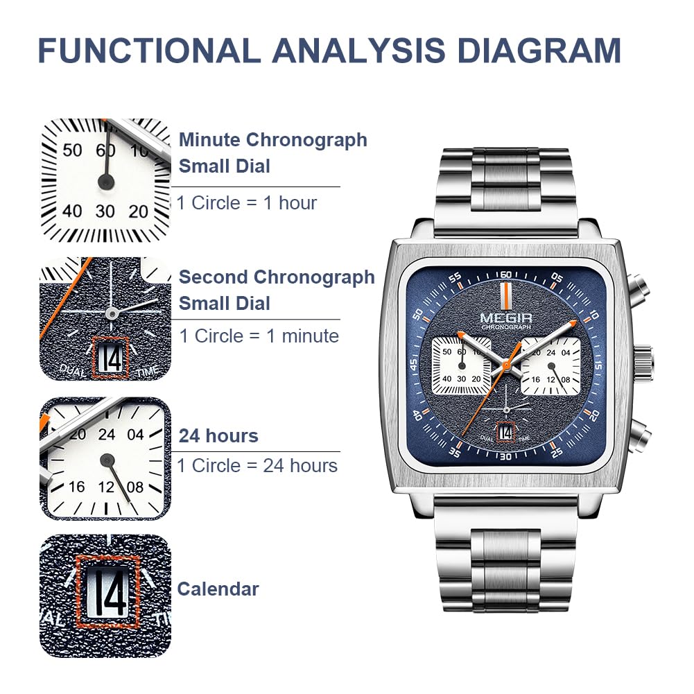 MEGIR Men's Square Quartz Chronograph Watch