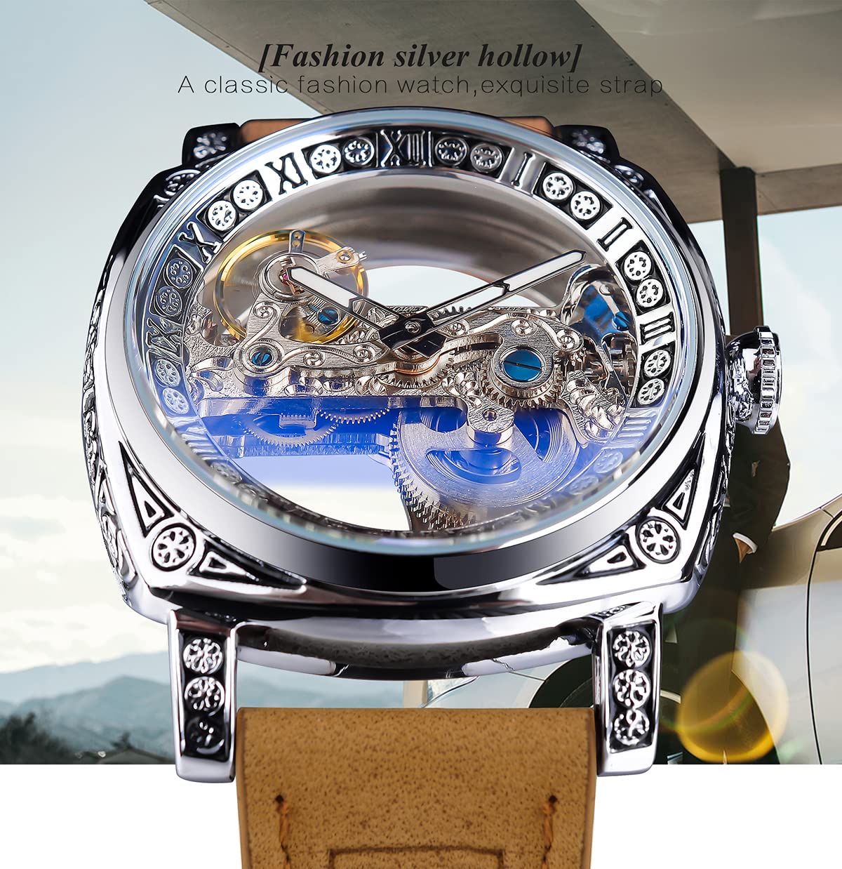 FORSINING Men's Automatic Skeleton Watch – Square Gold Dial